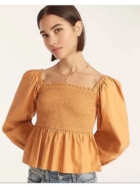 J. Crew Smocked Puff-Sleeve Cotton Poplin Top - Mustard NWOT Medium
